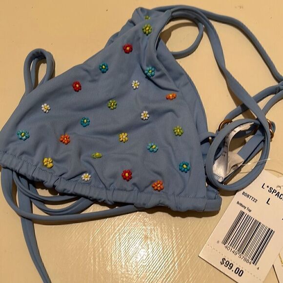 L*Space Women’s L Brittany Triangle String Bikini Top Light Blue Beaded Flowers - Picture 5 of 6